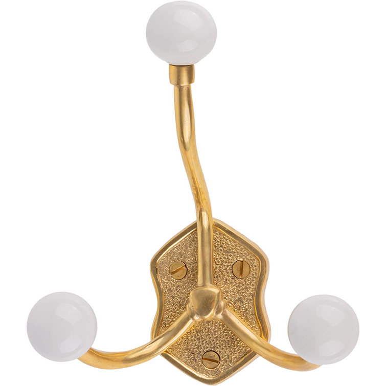 Polished Brass Triple Coat Hook Hanger with Ceramic Ball Ends